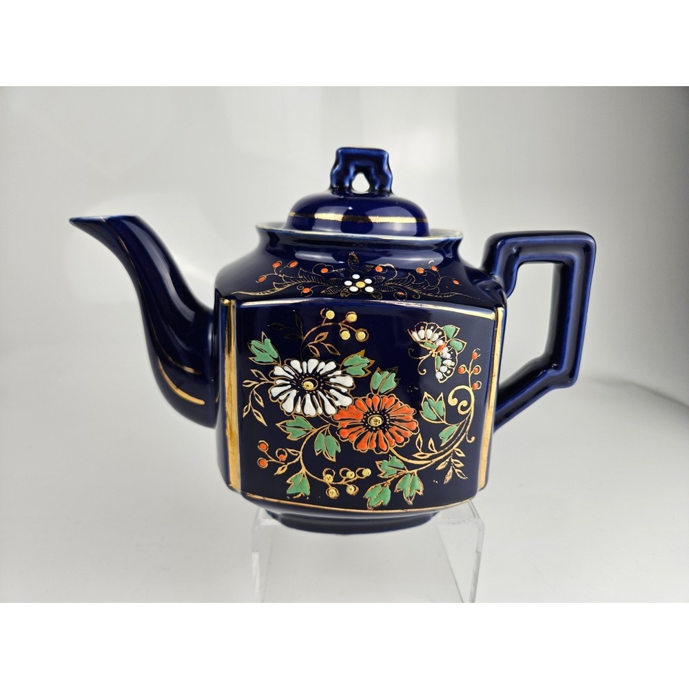 Vintage Hand Painted Japan Cobalt Blue Gold Floral Teapot‎